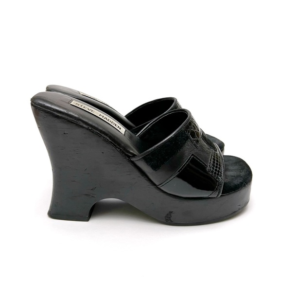 Vintage 90s Y2K Steve Madden Black Patchwork Leather Wood Platform Sandals - Picture 3 of 11